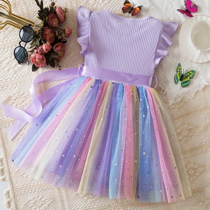 Girls' HUNTRX Rainbow Tulle Princess Dress: Sequin Star & Chibi Idol Party Gown