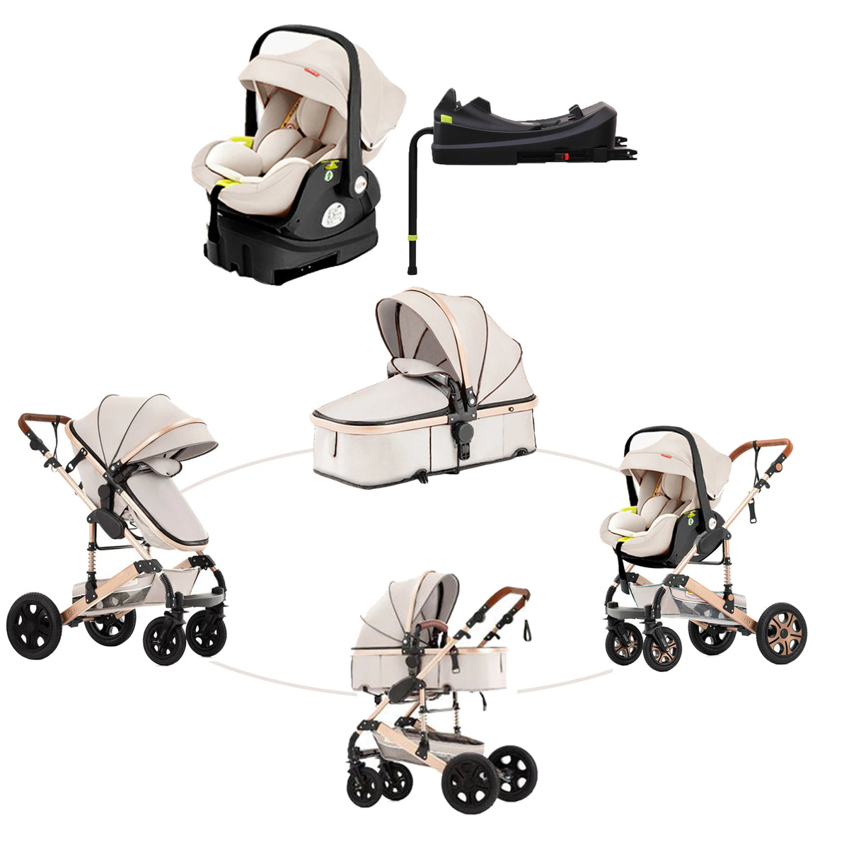 Baby Stroller Combo Car Seat - Infant Pushchair with Carry Cot Foldable Reversible Pram,Travel System with Isofix Base Upto 5lbs
