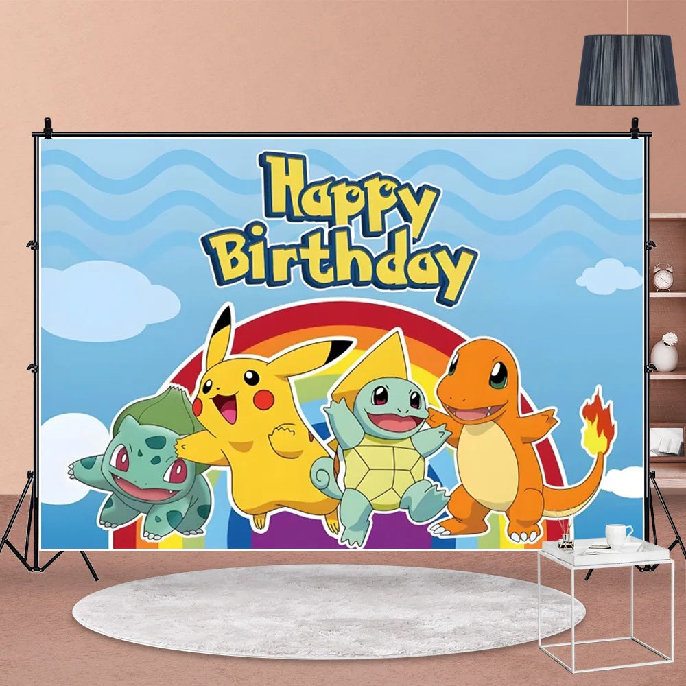Cartoon Cute Kid Birthday Party Decorations Backdrop Pikachu Theme Photography Background Baby Shower Banner Photo Booth Props