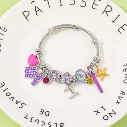 2026 New K-POP Demon Hunting Girl Group Bracelet for Women, Cartoon Diamond Pendant Open Stainless Steel Bangle, Gift