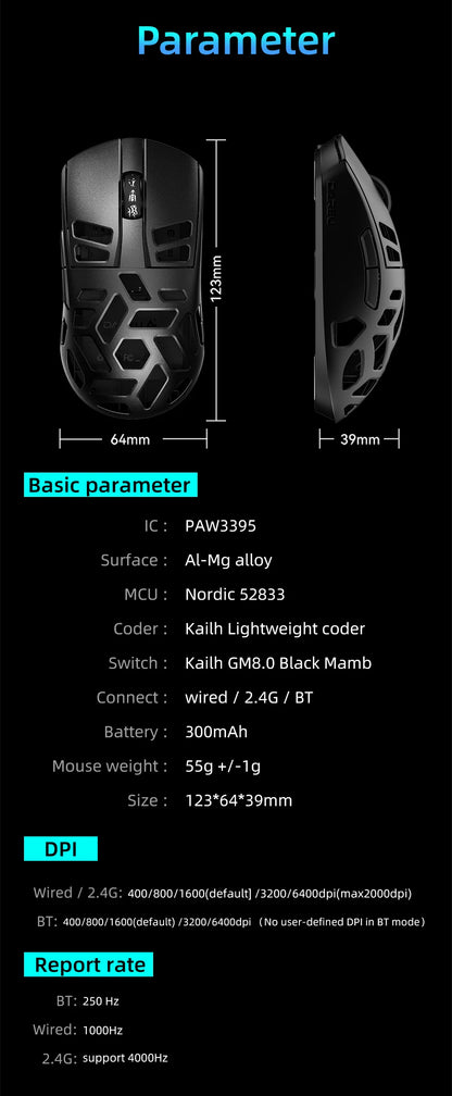 DAREU Al-mg Tri-mode 8Khz PBT Wireless Gaming Mouse Quick Charge PAW3950 30000 DPI Lightweight for PC Gamer