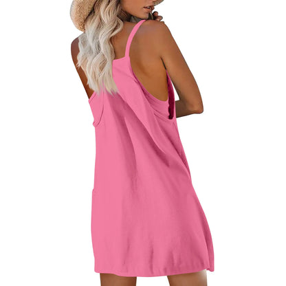Women's Tennis Dress Solid Color Pocket Sexy Suspender Fake Two-piece Loose Breathable Comfortable Sports Dress