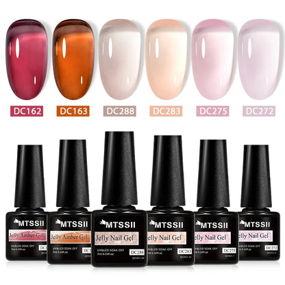 MTSSII 6Pcs/Set Jelly Gel Nail Polish Jelly Transparent Pink Green Black Blue UV Gel Nail Art Varnish Kit Spring Manicure Nails