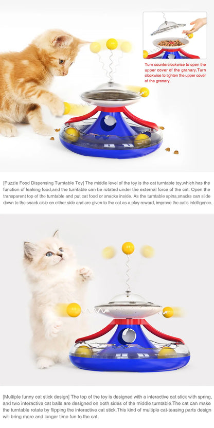 Cat Puzzle Toys Indoor for Kitten Interactive Games Spinning Track Balls & Feather Teaser Toy Stimulation Brain Treasure Chest