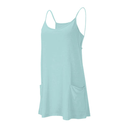 Women's Tennis Dress Solid Color Pocket Sexy Suspender Fake Two-piece Loose Breathable Comfortable Sports Dress