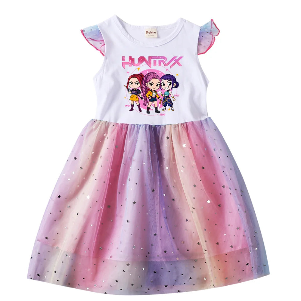 Girls' K-Pop Hunters "Chibi Rainbow" Princess Dress: Flying Sleeve Tutu with Star Sequins