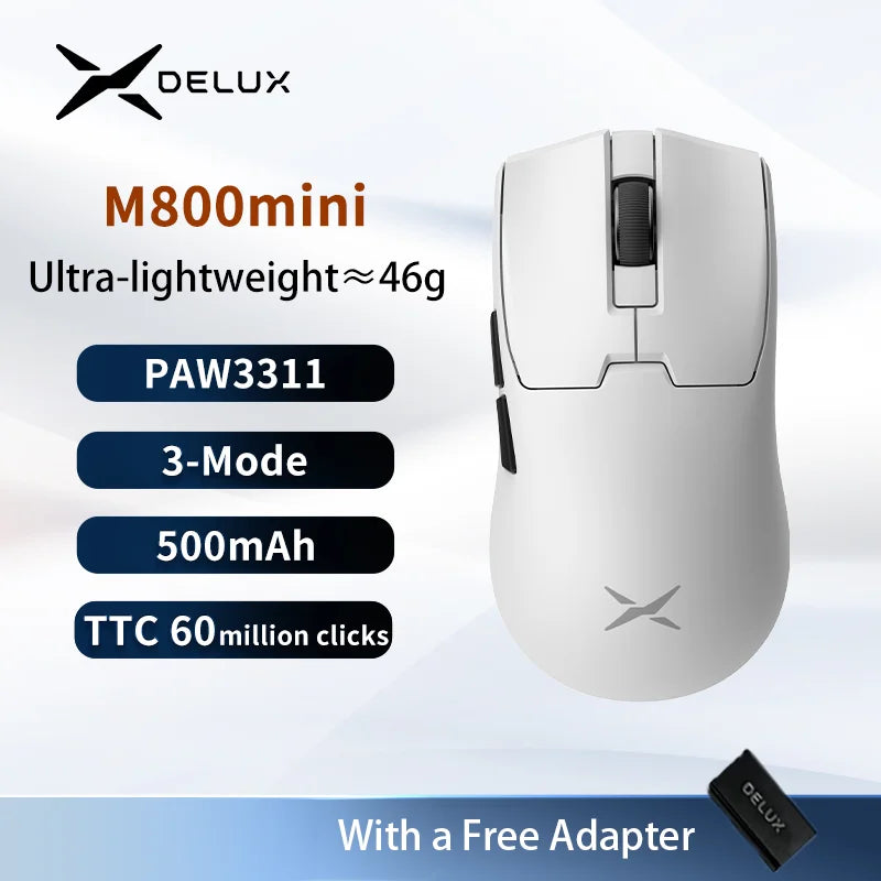 Delux M800mini Wireless Gaming Mouse, 46g Lightweight,PAW3395/PAW3311,1KHz Polling Rate for Small to Medium Hand PC Gamer