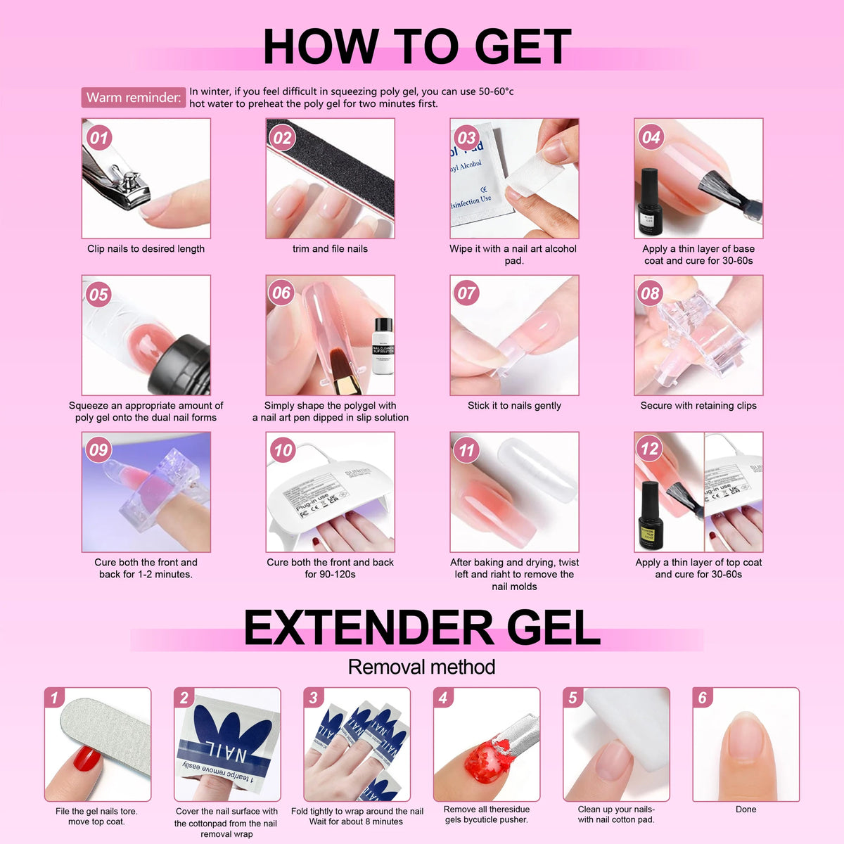 DUOLINGDAI Poly Gel Nail Kit: 6 Clear Colors Poly Extension Nail Starter Kits with Nail Lamp Complete Poly Gel Nail Kit Supplies