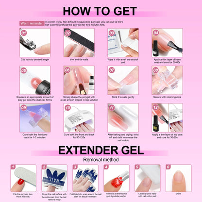DUOLINGDAI Poly Gel Nail Kit: 6 Clear Colors Poly Extension Nail Starter Kits with Nail Lamp Complete Poly Gel Nail Kit Supplies