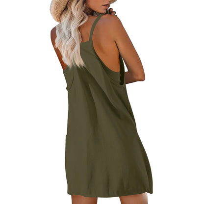 Women's Tennis Dress Solid Color Pocket Sexy Suspender Fake Two-piece Loose Breathable Comfortable Sports Dress