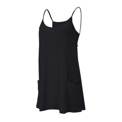 Women's Tennis Dress Solid Color Pocket Sexy Suspender Fake Two-piece Loose Breathable Comfortable Sports Dress