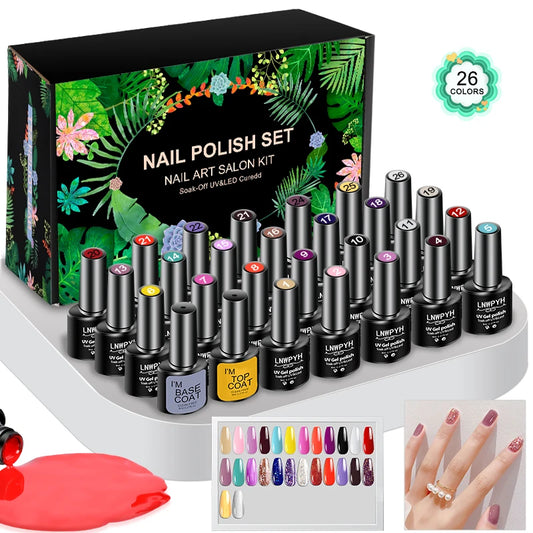 LNWPYH Gel Nail Polish Set Nail Gel Kit 26 Color Semi Permanent UV Led Gel Varnish Soak Off Nail Lacquers Base Coat Top Coat Kit