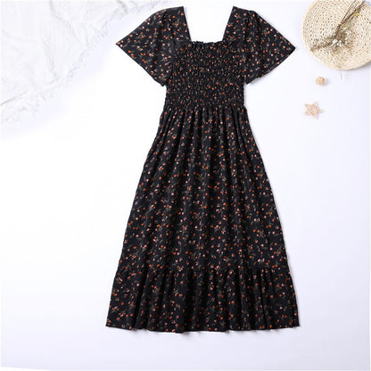 Floral Chiffon Smocked Midi Dress: Butterfly Sleeve Square Neck A-Line Gown