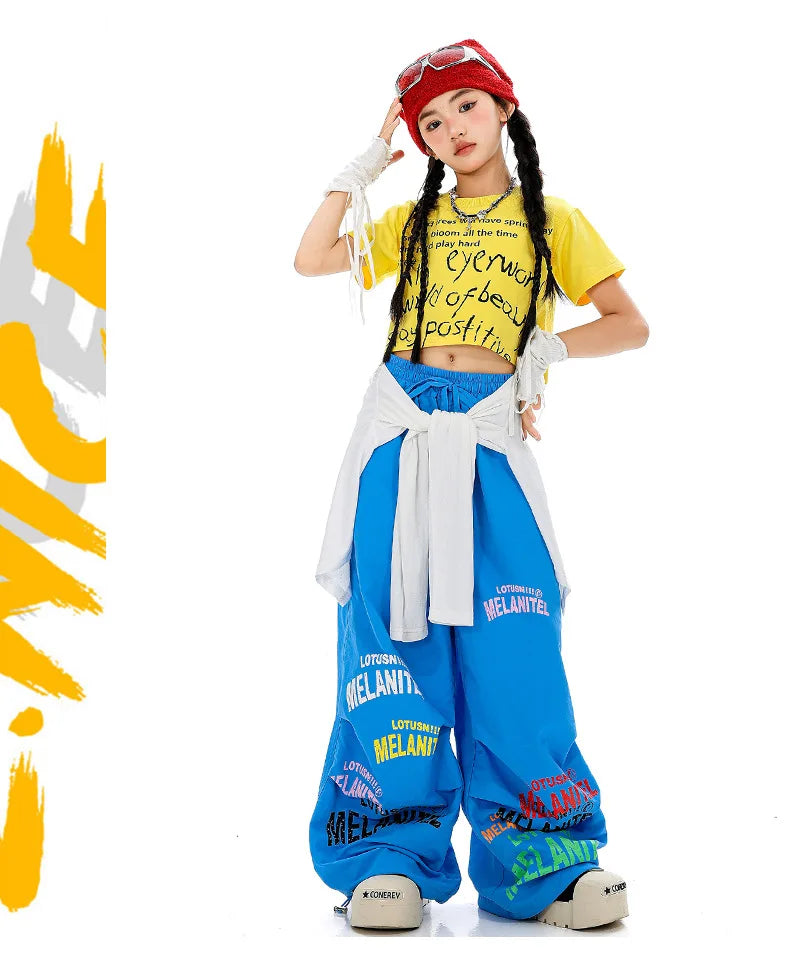 Girls Hiphop Group Jazz Dance Performance Clothes Loose Short Sleeve Top Pants Street Dance Costumes Wear