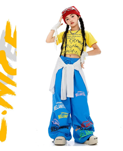 Girls Hiphop Group Jazz Dance Performance Clothes Loose Short Sleeve Top Pants Street Dance Costumes Wear