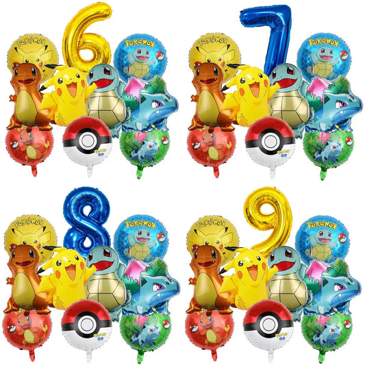 10pcs Cartoon Theme Party Balloon jump Pikachu Little Fire Dragon Jenny Turtle Foil Balloon Kids Birthday Party Decoration Gifts