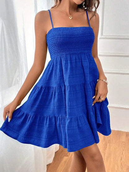 Women's Fashion Spaghetti Strap Smocked Bustier Mini Dress Blue Ruffled Tiered Swing Dress Summer Casual Vacation Beach Wear