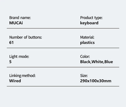 MUCAI MK61 USB Gaming Esports Mechanical Keyboard 61 Key Red Axis Wired Detachable Cable RGB Backlight Hot Swap