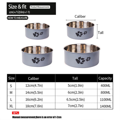 A cartoon-patterned pet bowl, easy to clean, made of stainless steel, suitable for both outdoor and indoor pet owners.