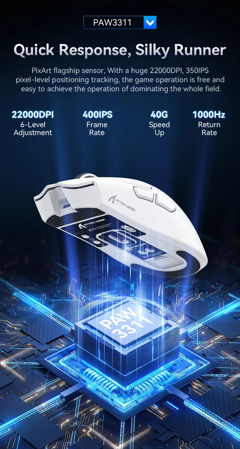 ATTACK SHARK X11 Lightweight Wireless Gaming Mouse with RGB Backlight Charging, Up to 22K DPI, PAW3311 Optical Sensor, HUYU Swit