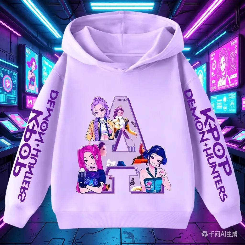 Hoodie for children with letters A-Z, Kpop Demon Hunters sportswear for girls, casual top for autumn and winter long sleeve