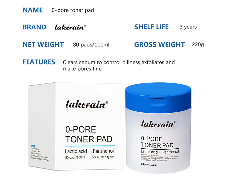 lakerain 0-PORE Toner Pads: Lactic Acid & Panthenol Exfoliating Treatment (80 Pads)