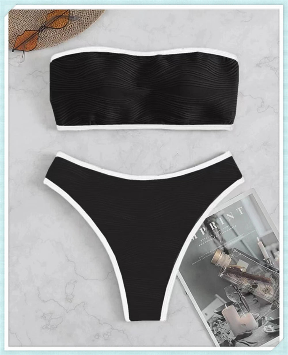 Sexy Bandeau High Waist Bikini 2023 Women Triangle Swimsuit Stitch Detail Swimwear Padded Bathing Suit Female Solid Beachwear