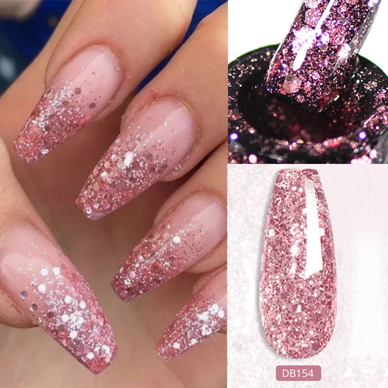 Mtssii 6PCS/Set Pink Glitter Gel Nail Polish Set Sequins Semi Permanent Base Matte Top Coat Soak Off LED UV Nail Art Gel Varnish