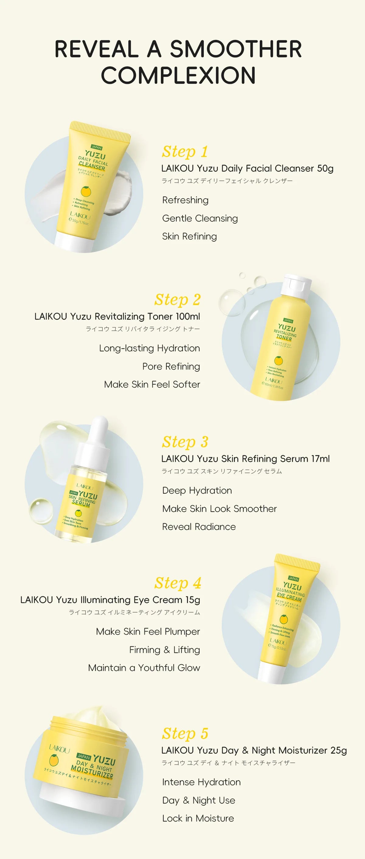 LAIKOU Japan Yuzu Skin Care Set: 5-Piece Radiance & Vitamin C Kit