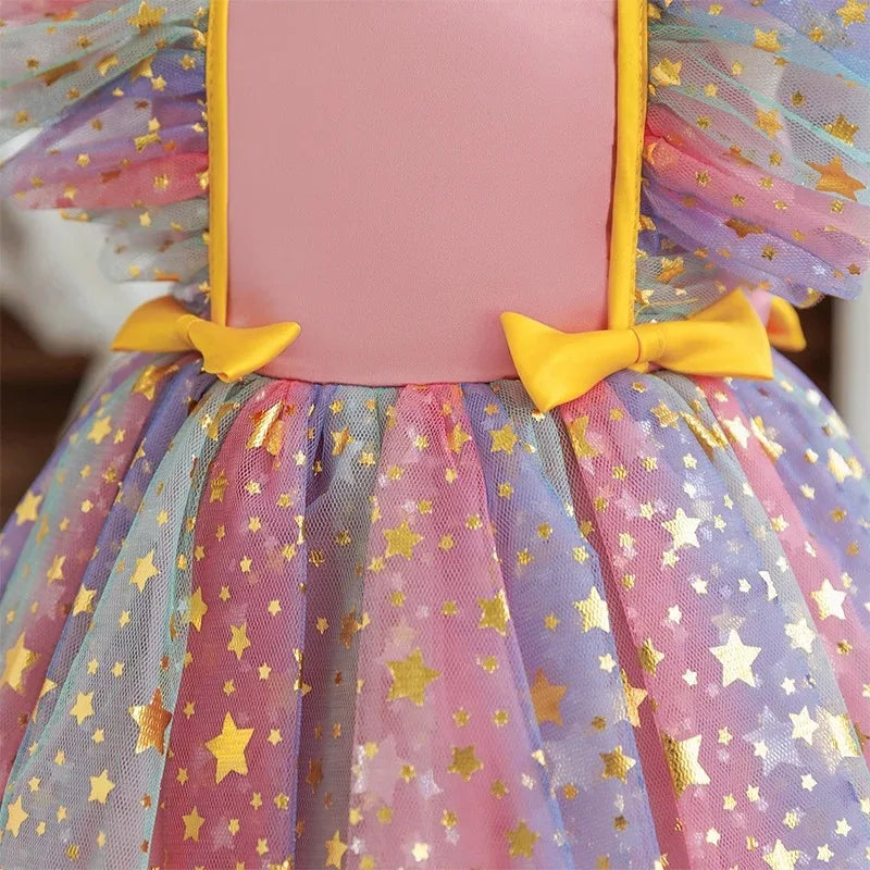 Girls' K-Pop HUNTRX "Holiday Star" Tutu Dress: Rainbow Tulle Gown with Gold Sequins & Ruffle Wings