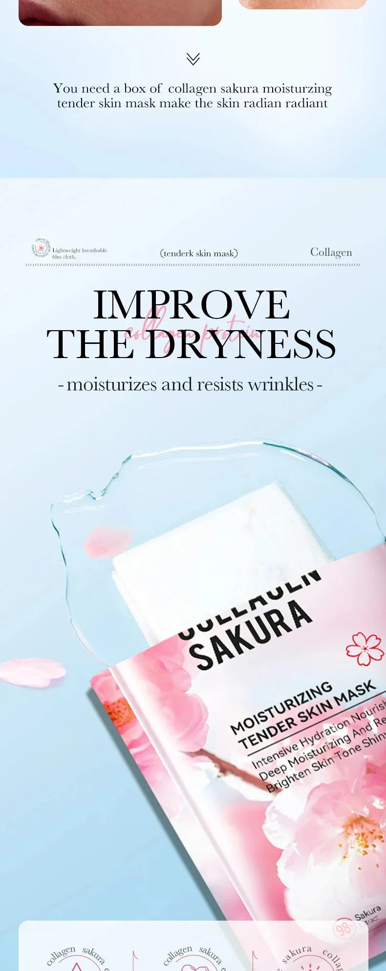 Sadoer Sakura Face Mask Facial Skincare Moisturizing Brightening Hydrating Firming Collagen Facial Masks Face Sheet Mask