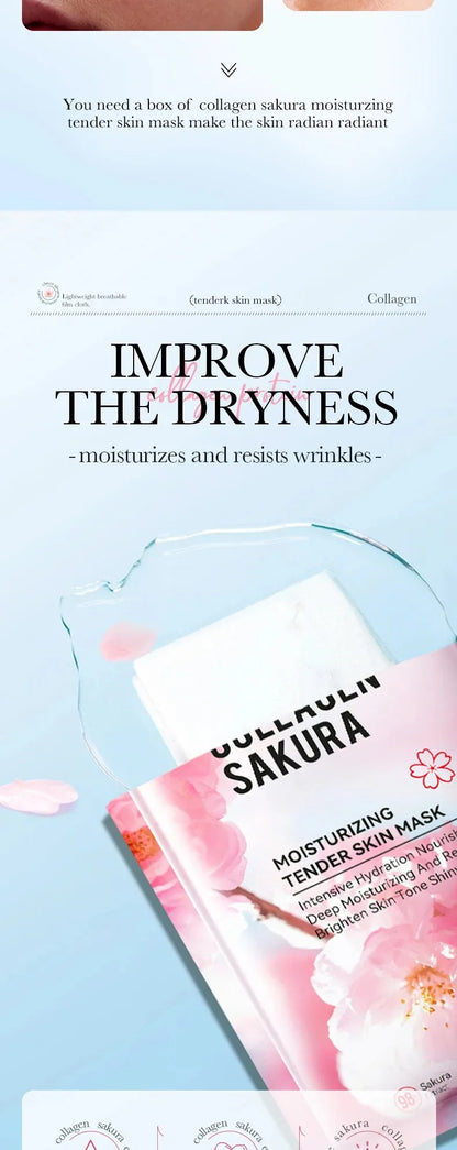 Sadoer Sakura Face Mask Facial Skincare Moisturizing Brightening Hydrating Firming Collagen Facial Masks Face Sheet Mask