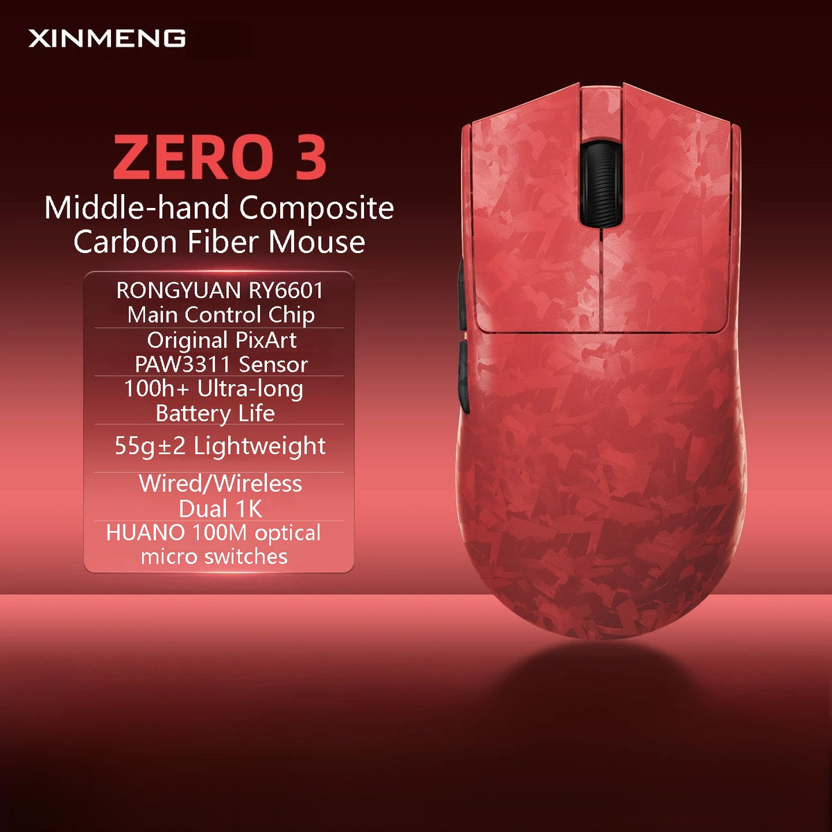 XINMENG ZERO 3 Gaming Mouse PAW3311/PAW3395/PAW3950 E-sport Sensor 1K/8K Polling Rate Carbon Fiber Case 500mAh Battery Wireless