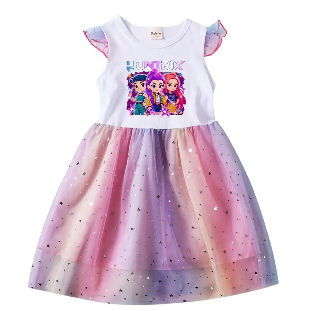 Girls' K-Pop Hunters "Chibi Rainbow" Princess Dress: Flying Sleeve Tutu with Star Sequins