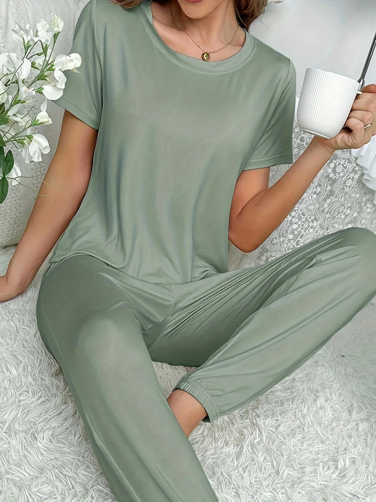 Women's new style pajamas short sleeve trousers elegant casual two-piece solid color home wear