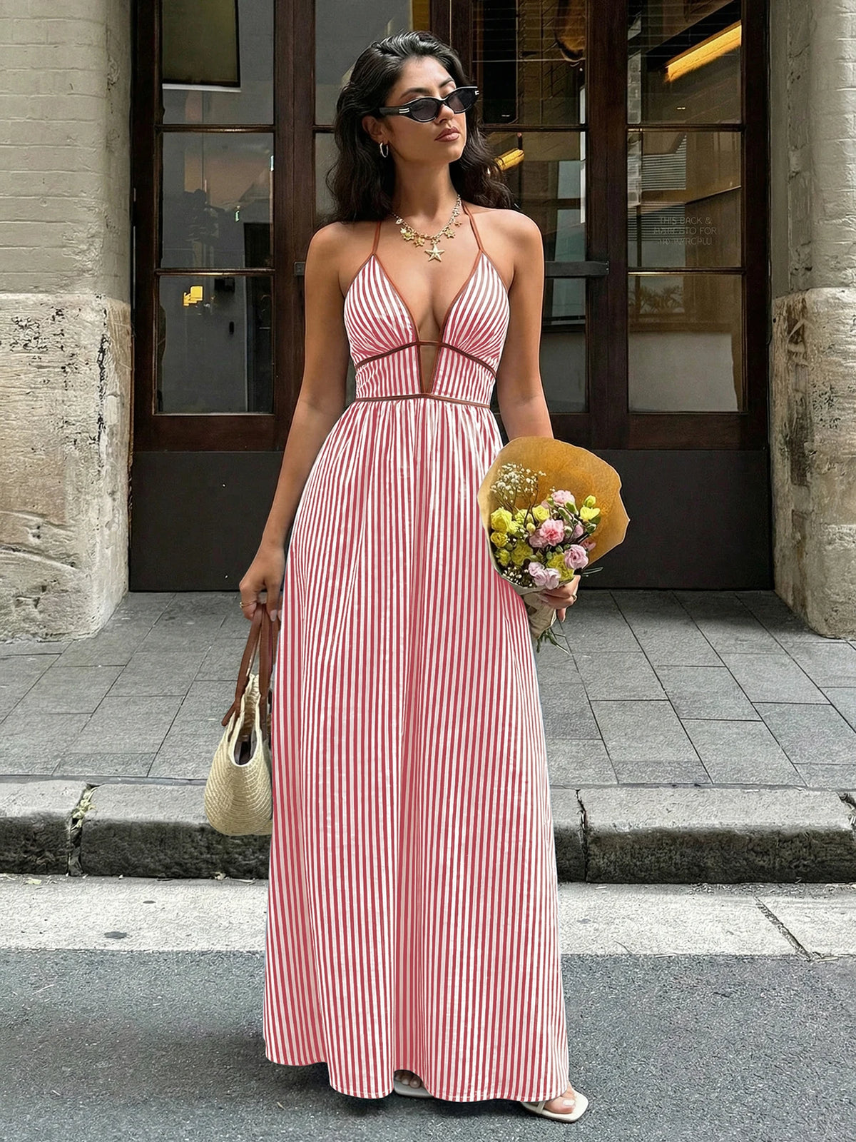 2026 Summer New Style Deep V-neck Striped Beach Dress, Sexy Backless Sleeveless Neckline Long Dress