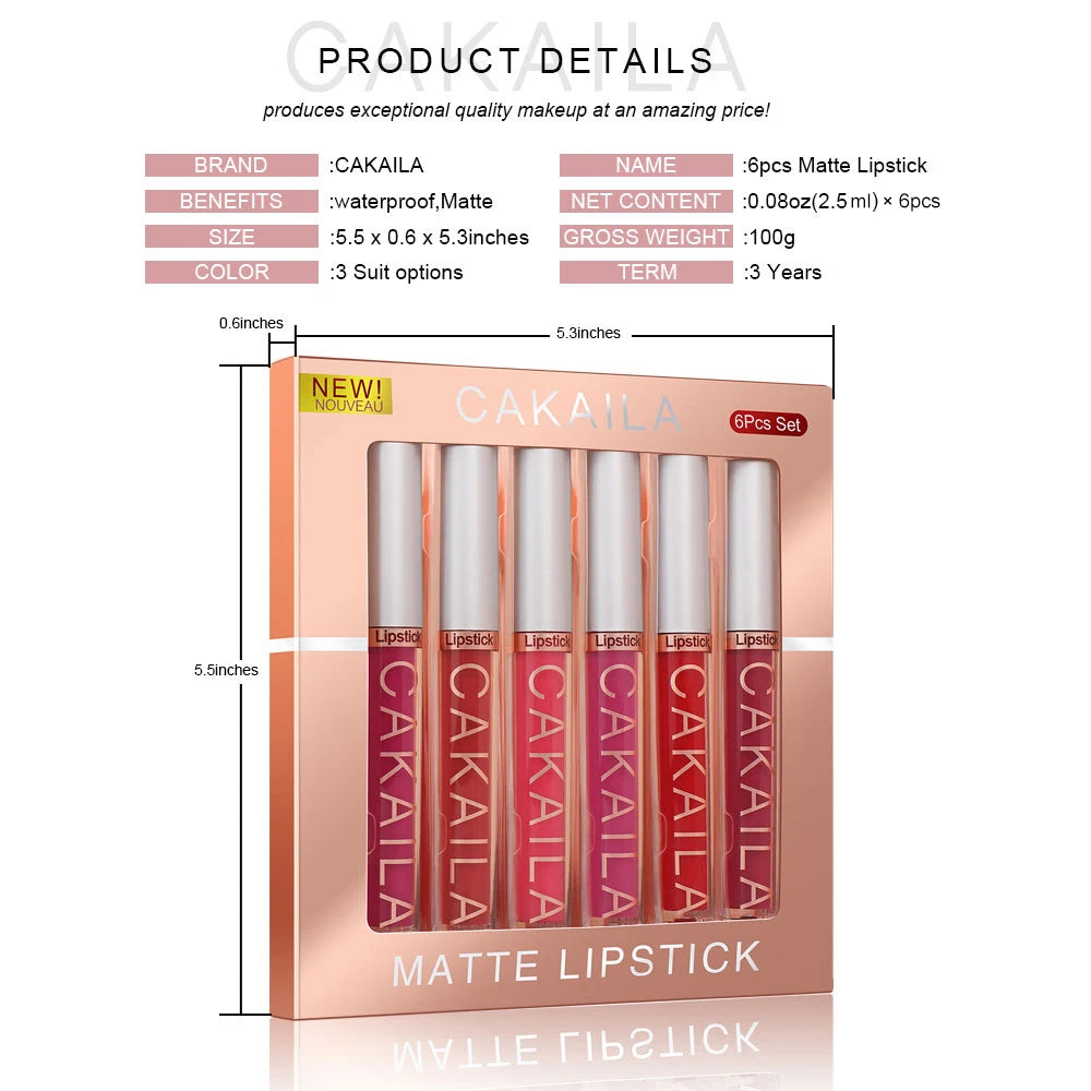 CAKAILA 6-Color Lip Gloss Lipstick Set Liquid Matte Velvet Matte Women's Makeup Long-lasting Waterproof Non-stick Cup Non-fade