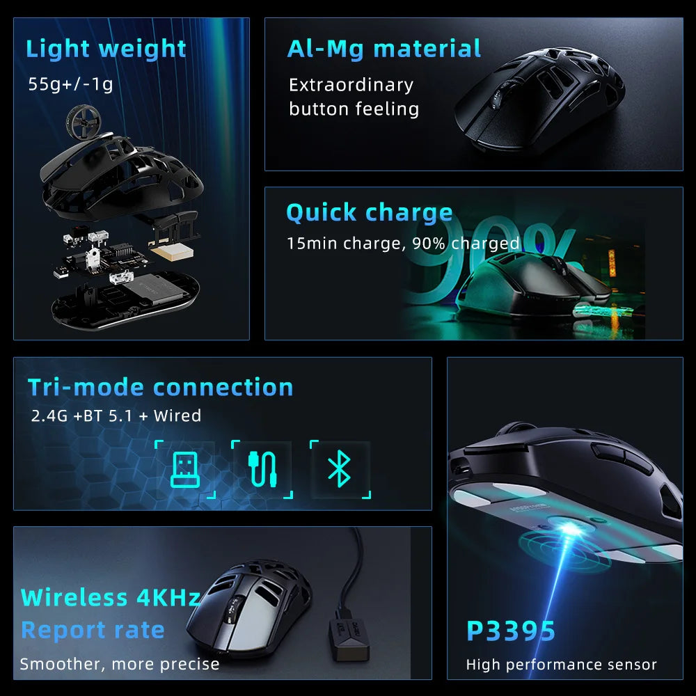 DAREU Al-mg Tri-mode 8Khz PBT Wireless Gaming Mouse Quick Charge PAW3950 30000 DPI Lightweight for PC Gamer