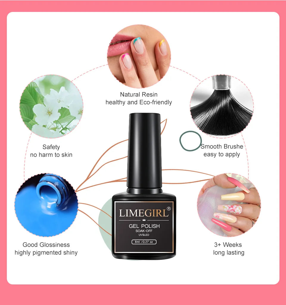 LIMEGIRL 10 Colors Nail Gel Set UV Soak Gel Base Coat Gel with Laser Powder Nail Art DIY Semi-Permanent Gel Varnish Kit