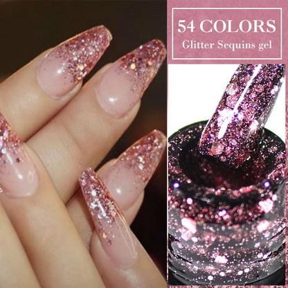 Mtssii 6PCS/Set Pink Glitter Gel Nail Polish Set Sequins Semi Permanent Base Matte Top Coat Soak Off LED UV Nail Art Gel Varnish