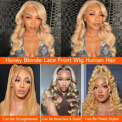 27# Honey Blond Body Wave 13x4 Lace Frontal Human Hair Wigs Brazilian Colored Loose Water Wave 13x6 HD Lace Front Wig For Women
