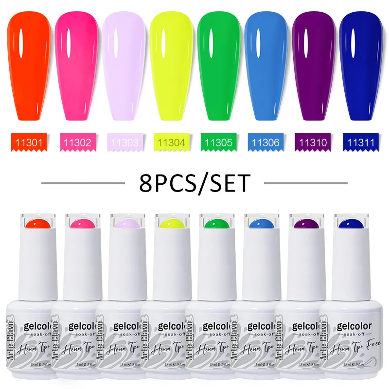 Arte Clavo 8Pcs/Set Gel Nail Polish Set 15ml Colorful Semi Permanent For Manicure Varnish Soak Off UV LED Nail Art Gel Kits