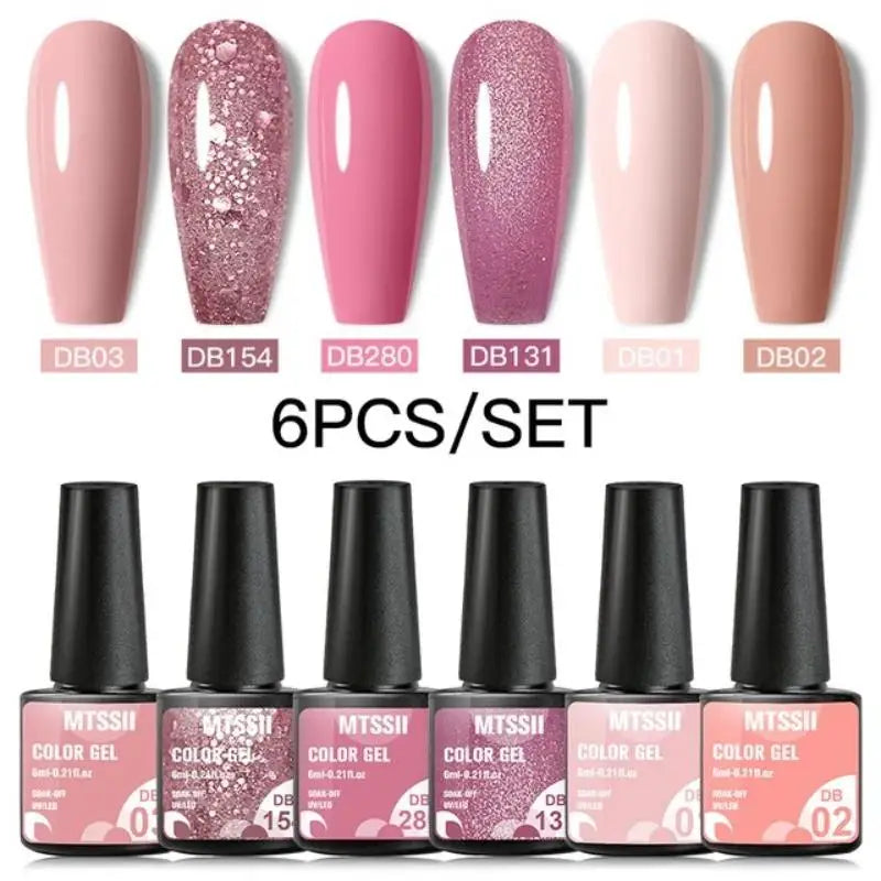 Mtssii 6PCS/Set Pink Glitter Gel Nail Polish Set Sequins Semi Permanent Base Matte Top Coat Soak Off LED UV Nail Art Gel Varnish