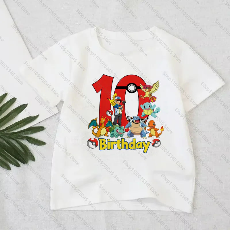Pokémon Anime Printed T-Shirt Boys Girls Birthday Number 1-10 Clothes Fashion Figure Short-sleeved Kids Summer Birthday Gift