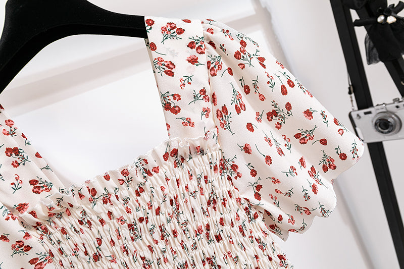 Floral Chiffon Smocked Midi Dress: Butterfly Sleeve Square Neck A-Line Gown