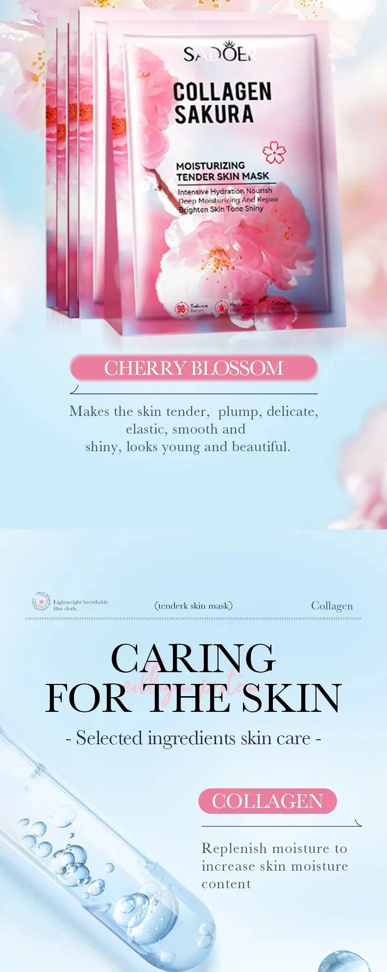 Sadoer Sakura Face Mask Facial Skincare Moisturizing Brightening Hydrating Firming Collagen Facial Masks Face Sheet Mask