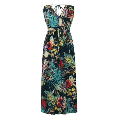 Summer Women Chiffon Floral Long Dress French Style Short Sleeve Elastic A-line Dresses Summer Bohemian Print Beach Dress