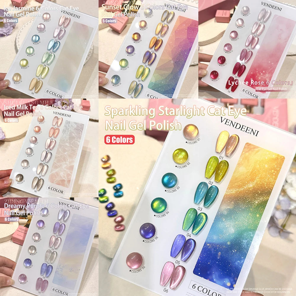 Vendeeni 6 Colors Crystal Cat Eye Gel Nail Polish Set Semi Permanent Sparkling Magnetic UV LED Soak Off Gel Varnish With Display