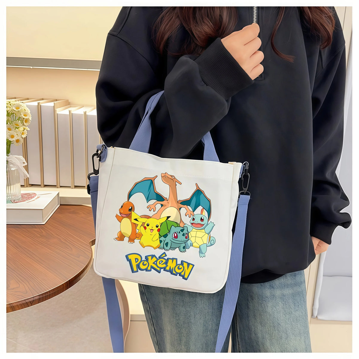 Anime Pokemon Pikachu Canvas Shoulder Bag Cute Cartoon Pattern Print Handbag Boys Girls Leisure Crossbody Bag Birthday Gift