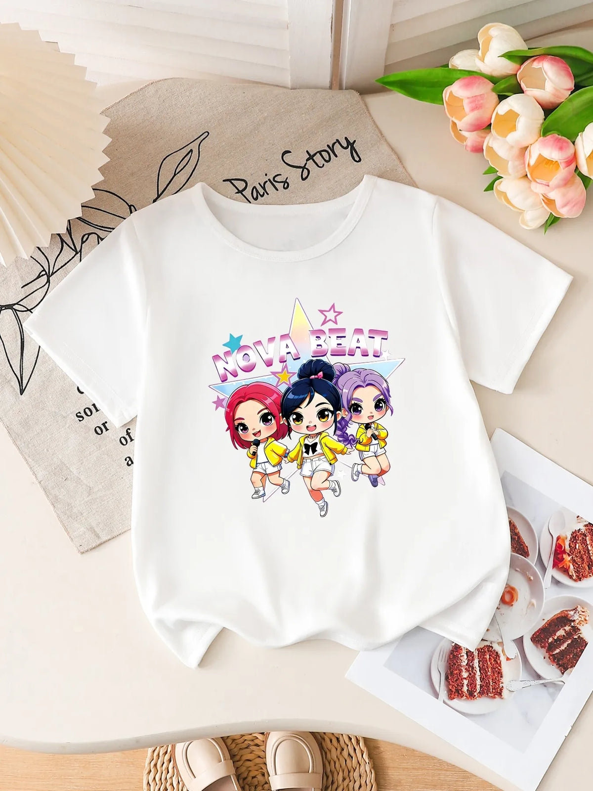 Girls  Chibi K-Pop Idol Print Short Sleeve T-Shirt Cute Cartoon Girl Group Graphic Tee Kids Summer Casual Top